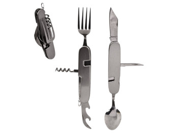 Мультитул туристический 6в1, ложка, вилка, ножи, штопор, открывалка, нержавеющая сталь, 11см