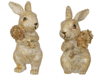 Декоративная статуэтка Кролик с букетом, 9,5х8,5х17,5см, 2 дизайна, цвет - золотистый (цена за 1шт)