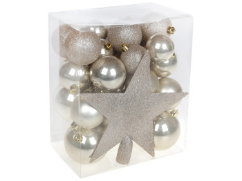 Набор ёлочных шаров с верхушкой на елку Звезда 20см, цвет - шампань (цена за набор 29шт)
