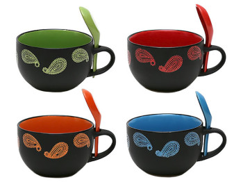 Бульйонниця, з керамічною ложкою та кольоровою серединою, 750мл, колір асорті