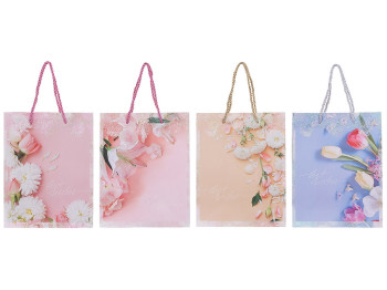 Пакет подарунковий 41см з квітковим принтом у гліттері, 4 дизайни (ціна за 1шт)