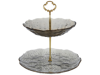 Фруктовница двухъярусная, цвет - дымчато-серый с золотым ободком, 24,5см