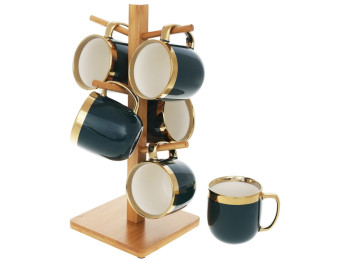 Набор кружек Золотая линия на бамбуковой подставке, цвет - темно-зеленый, 320мл (цена за набор 6шт)