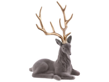 Новогодняя декоративная фигура Олень 20х15см, цвет - серый флок с золотыми рогами