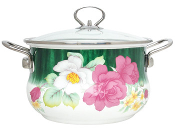 Кастрюля эмалированная с крышкой Benson, белая с рисунком, 4,8л