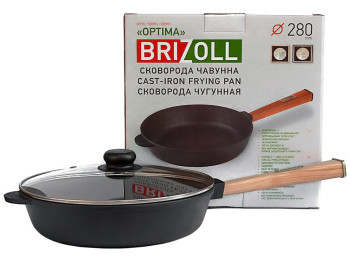 Сковорода чугунная со стеклянной крышкой Brizoll, 28х6,95см, с ручкой Optima, O2860-P-C