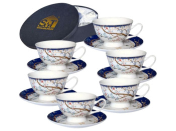 Сервіз кавовий S&T Shepard, 12 предметів, 90 мл, 11.5 см, колір синій з малюнком гілок та птахів