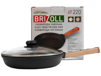 Сковорода чугунная со стеклянной крышкой Brizoll с ручкой Optima, O2240-P-C, 22х4,25см