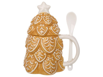 Чашка керамическая с крышкой и ложкой Пряничная елка, 450мл, цвет коричневый