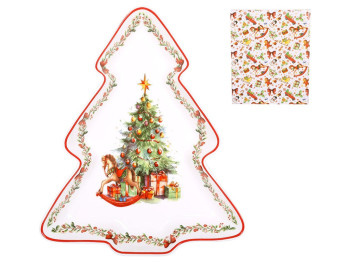 Блюдо фарфоровое в форме елки Рождественская елка, 30,5х25,5х4,5см, цвет белый с красным