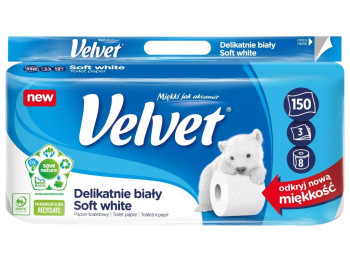 Бумага туалетная Velvet Delikatnie Biały, 3 слоя, 150 листков, 8 рулонов, 46х19,2х11,5см, белый