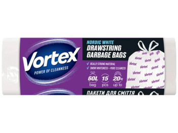 Пакети для сміття Vortex п/е, з затяжкою, 60х64см, білий, HD, 60л, 15шт