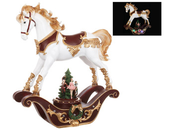 Декоративная фигура Лошадка-качалка с LED подсветкой и музыкальной елкой на батарейках (3xAA), 37см
