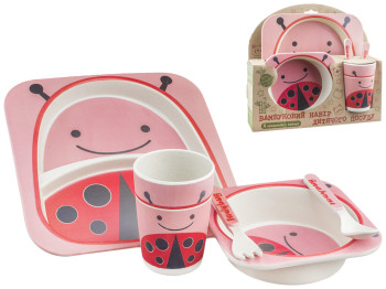 Набор детской бамбуковой посуды 5 предметов Stenson Божья коровка (тарелки, вилка, ложка, стакан)