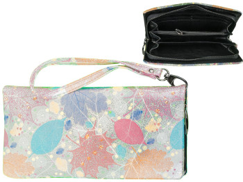 Гаманець-клатч жіночий кожзам. Листочки на змійці сріблястий 20х3,5х10см