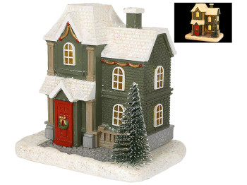 Новогодний декор Домик с LED подсветкой, 11,5x8x11см, цвет - зеленый с глиттером