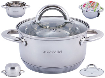 Кастрюля Kamille нержавеющая сталь, со стеклянной крышкой и полыми ручками D16см 1,7л