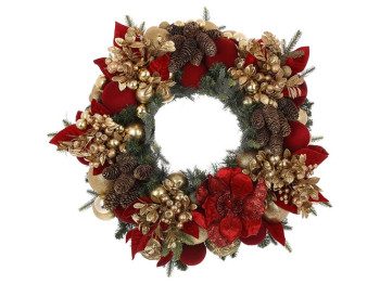 Венок Новогодняя сказка, D72см, цвет - красный с золотом