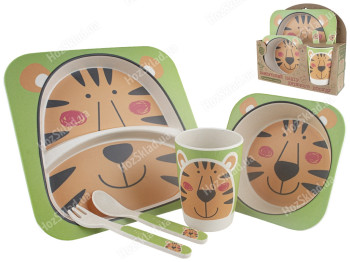Набор детской бамбуковой посуды 5 предметов Stenson Тигр (2 тарелки, вилка, ложка, стакан)