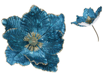 Декоративный цветок Магнолия 24см, цвет - бирюзовый бархат с золотом