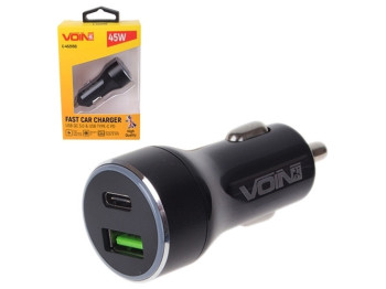 Автомобильное зарядное устройство VOIN 45Вт, 1USB QC3.0 18Вт + 1PD 27Вт, 12/24В C-45205Q