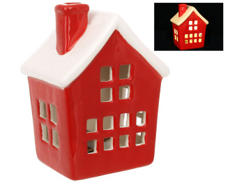 Керамический домик с LED подсветкой, 7x6x10см, цвет - красный с белым