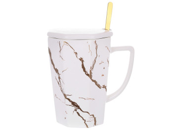 Кухоль порцеляновий заварювальний з кришкою і ложкою Мармурова розкіш, 350мл, колір - білий із золот