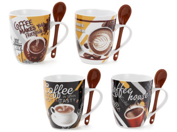 Чашка Coffee, з ложкою, 4 дизайни, 350мл