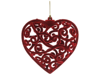 Пластиковая елочная игрушка Сердце ажурное с флоковым напылением, цвет - алый красный, 10см
