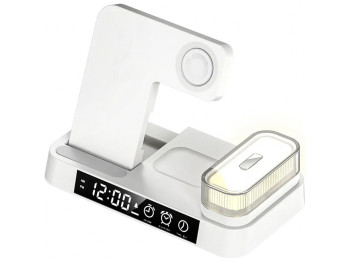 Бездротовий Зарядний Пристрій JJT-S37 5in1+Lamp/Alarm Clock 30W S version Колір Бiлий