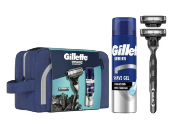Набір для гоління Gillette Mach3 charcoal з гелем для гоління 200 мл та косметичкою