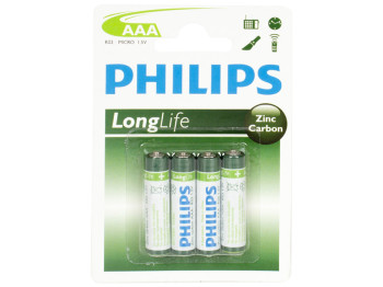 Батарейка солевая Philips "Long Life" , 1.5V, AAA, R03 (цена за блистер 4шт)