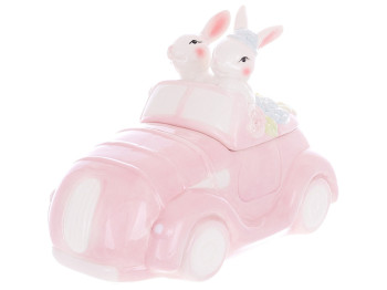 Банка для печенья керамическая Зайчики в машине, 1,7л, цвет розовый