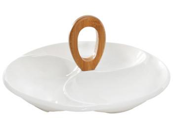 Менажница фарфоровая на три секции с бамбуковой ручкой, 29см, цвет - белый