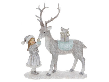 Декоративная статуэтка Девочка кормит Оленя, 21см, цвет - серый с мятой