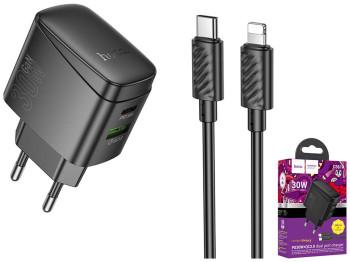 Сетевое зарядное устройство Hoco CS61A 1USB/1USB-C PD/QC 30W+Type-C to Lightning, цвет черный