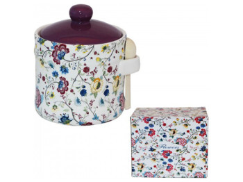 Банка для меда с деревянной ложкой Цветочный шелк керамическая 10х10х8,5см, 420мл