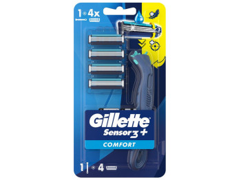 Станок для бритья Gillette Sensor3 Plus Comfort, с 4 сменными кассетами, 3 лезвия, сталь, цвет синий