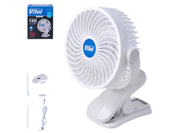 Вентилятор Vitol HF-361-5, 6,5Вт, питание 5V USB, крепление клипса, пластик, 15см, цвет белый