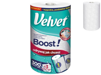 Полотенца бумажные Velvet Boost, 3 слоя, 300 отрывов, сверхвпитывающие, целлюлоза, 22×23см