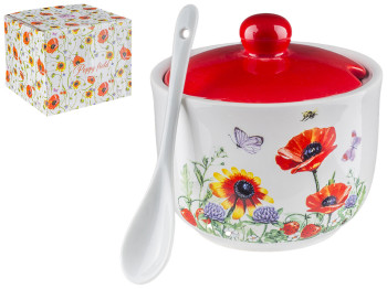 Сахарница с ложкой Полевой мак керамическая 11,5х11,5х11см, 455мл