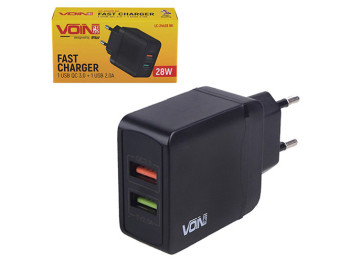 Мережевий зарядний пристрій VOIN 28W, 2 USB, QC3.0 (Port 1-5V*3A/9V*2A/12V*1.5A. Port 2-5V2A)