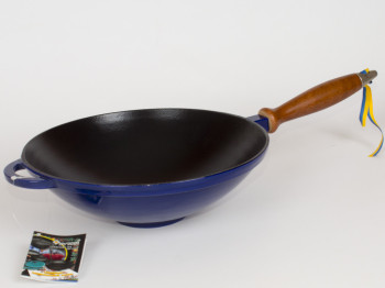 Сковорода чугунная WOK эмал. глянц. с деревянной ручкой 26x8см синяя 05006