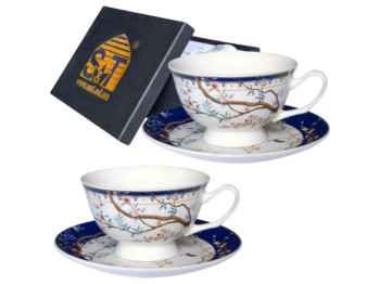 Сервіз чайний S&T Shepard, 4 предмети, 200 мл, 15 см, колір синій з малюнком гілок та птахів