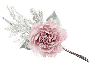 Искусственный декоративный цветок Пион с зимним декором, 35см, цвет - розовый