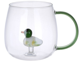 Кружка стеклянная с фигурой Уточка внутри, 450мл, цвет - прозрачный с зеленым