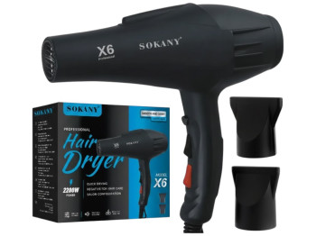 Фен для волос Sokany X6, 2200Вт, с ионизацией, со сменными насадками концентраторами, цвет черный