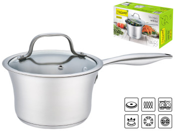 Ківш зі скл. кришкою Maestro нерж. сталь, всі типи плит, D16см, 1,25л