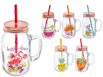 Чашка стеклянная "Привет, лето" с трубочкой 550мл (расцветка ассорти)