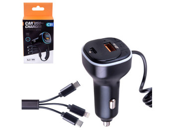 Модулятор FM 5в1, С31 12-24v USB 5V-3.1A Type C 5V-3.1A, кабель для зарядки 3в1 BT5.0 RGB-освещение